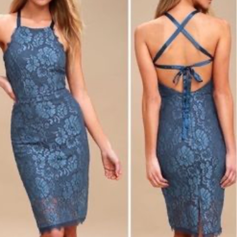 Lulu’s Wishful Wanderings blue lace mini dress Sz M new